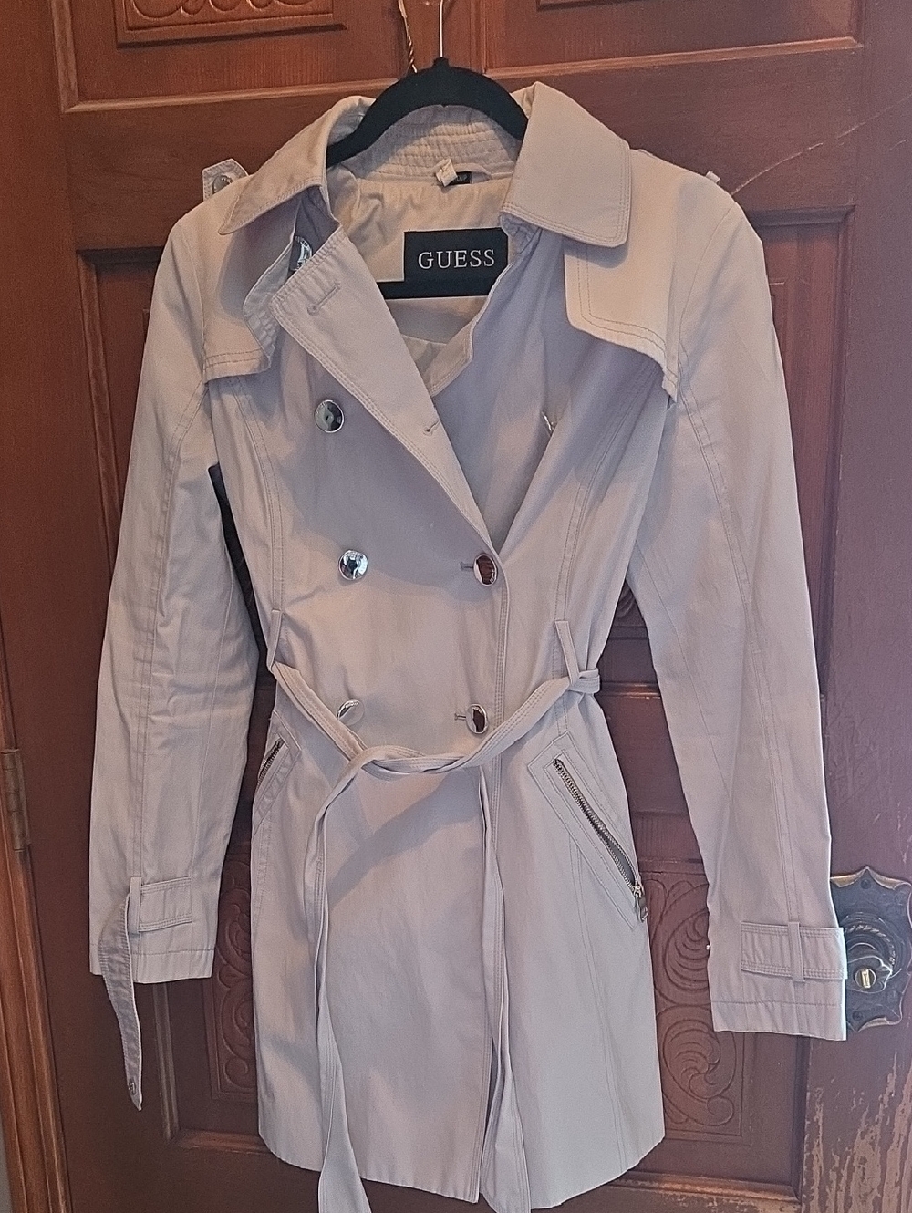 GUESS Light Beige Double-Breasted Trench Coat